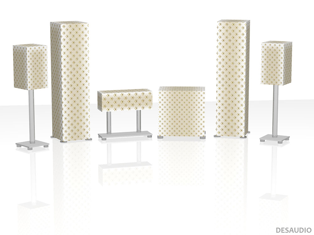 Desaudio Dima white 1 special on a 5.1 surround sound loudspeakers 3-D mockup
