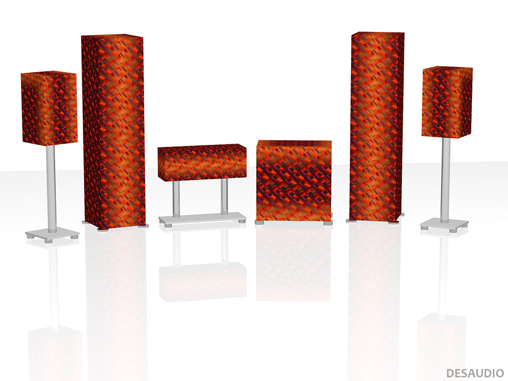 Desaudio Ikub red 1 special on a 5.1 surround sound loudspeakers 3-D mockup