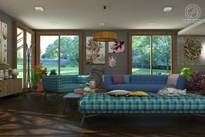 Overview of Desaudio designs in mid-century modern style example room # 2