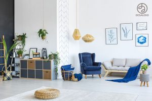 Overview of Desaudio designs in scandinavian style example room # 2