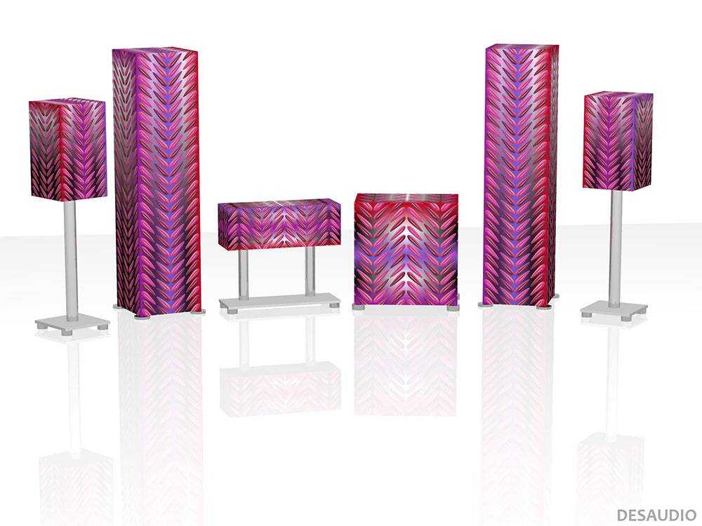Desaudio Taos purple 2 special on a 5.1 surround sound loudspeakers 3-D mockup