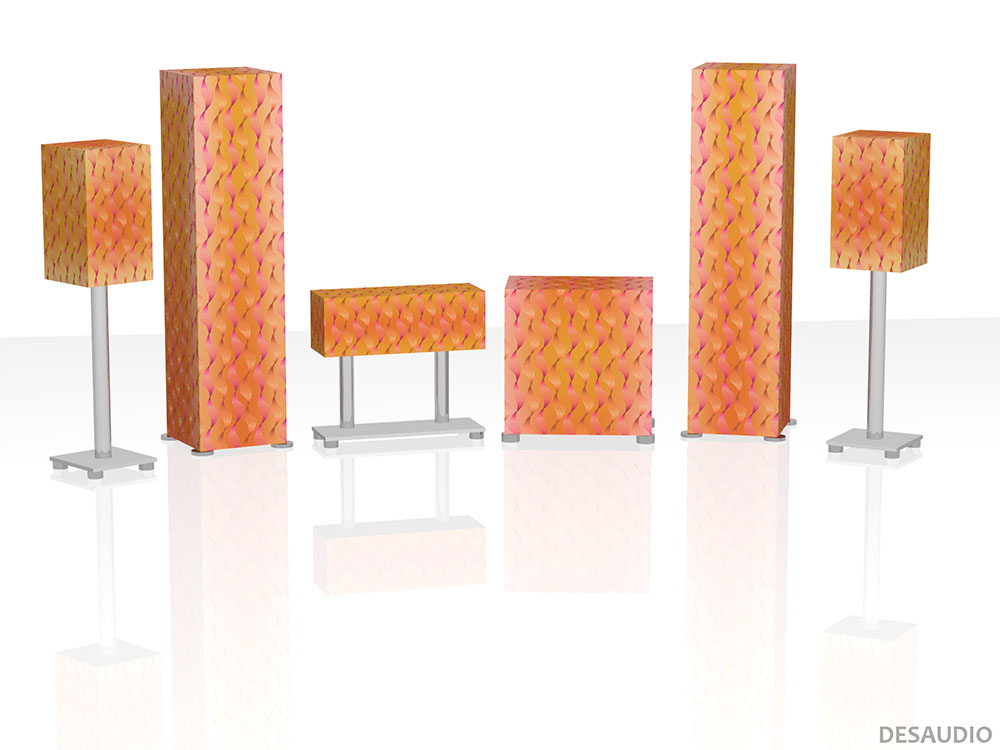 Desaudio Tiro orange 1 special on a 5.1 surround sound loudspeakers 3-D mockup