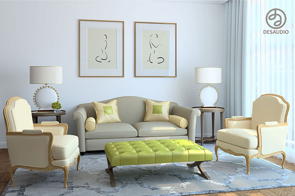 Overview of Desaudio designs in transitional style example room # 4