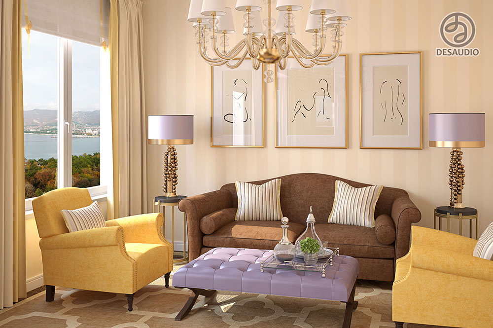 Overview of Desaudio designs in transitional style example room # 6